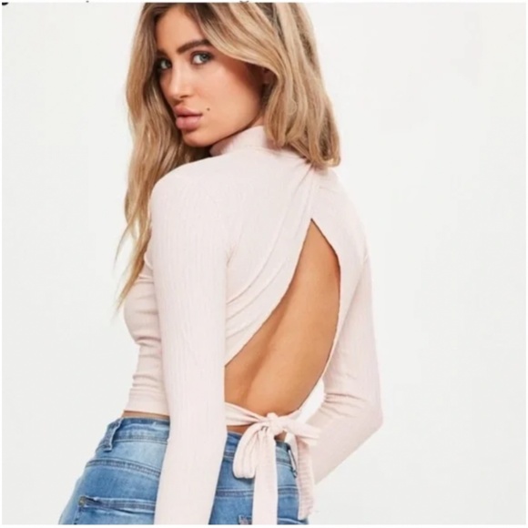 🪞 NEW Open back high neck tie up ribbed long sleeve dressy top - Picture 1 of 3